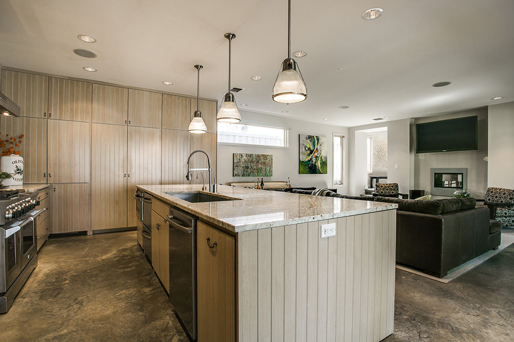 Open plan kitchen and living room in a Texas farmhouse